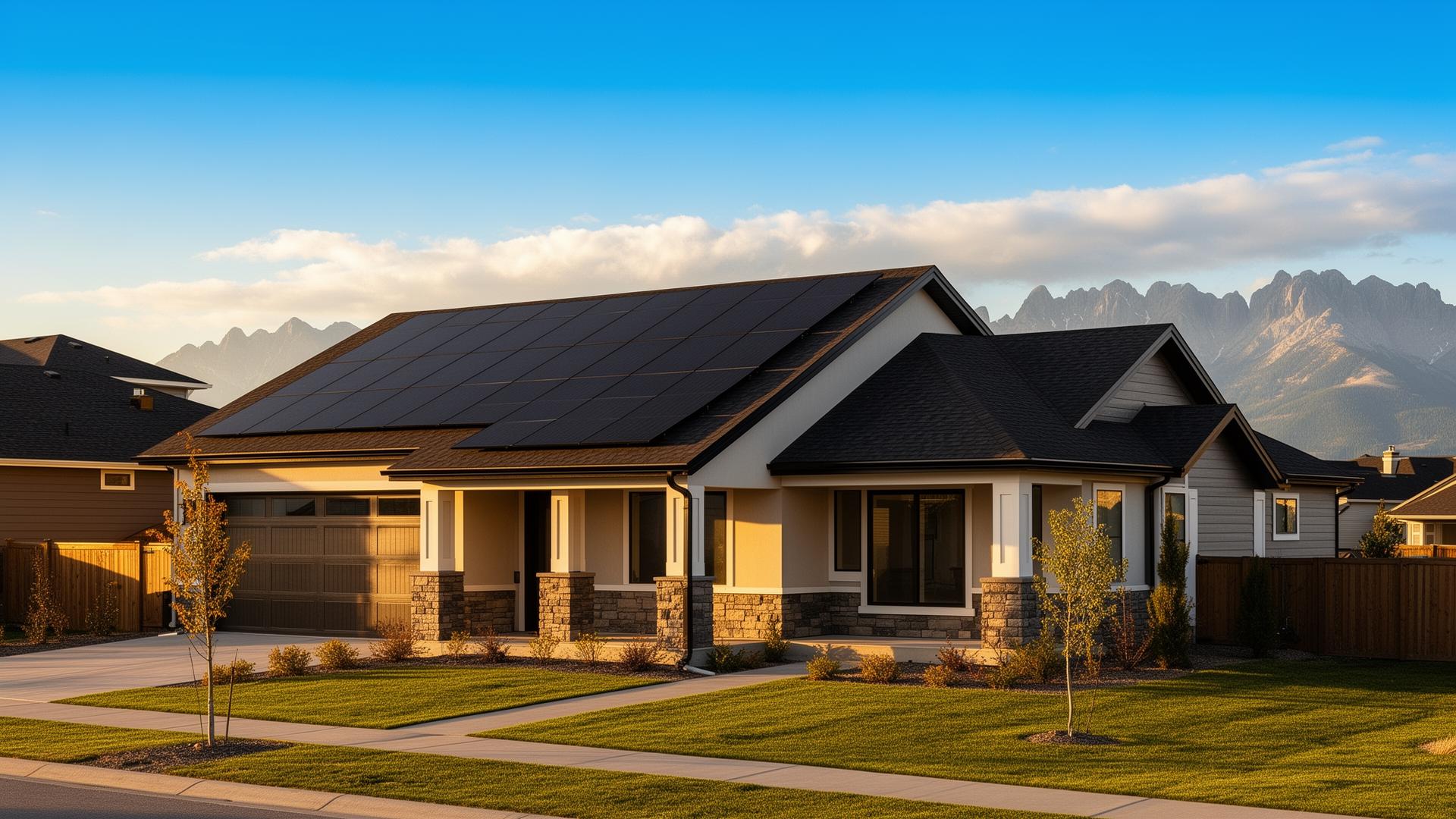 Calgary home with rooftop solar panels at golden hour